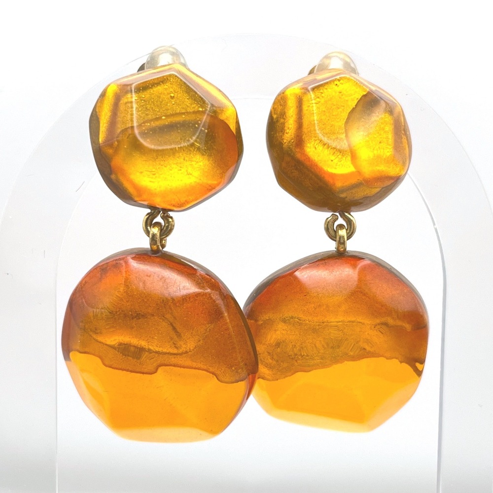 Dominique Denaive Paris Haute Amber Gold Resin Clip On Drop Statement Earrings